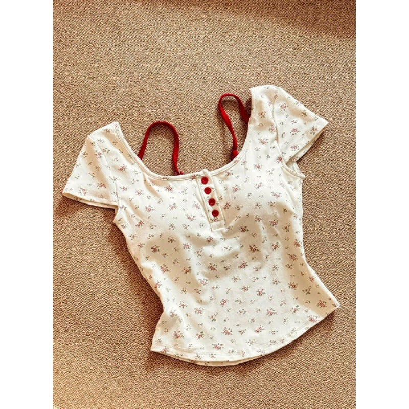 Pure Desire Floral Square Collar Shoulder Short-sleeved T-shirt Women's Summer With Chest Pad - Chic Angle